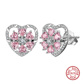 Rhodium Plated 925 Sterling Silver Rotating Heart Stud Earrings, with Pink Cubic Zirconia, with S925 Stamp