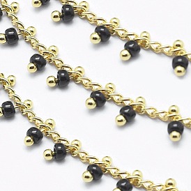 Handmade Glass Beaded Chains, Soldered, with Spool, Brass Chain, Golden, Long-Lasting Plated