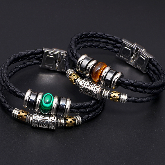Leather Multi-strand Bracelets, with Gemstone, Synthetic Hematite, Alloy Findings and Stainless Steel Clasps