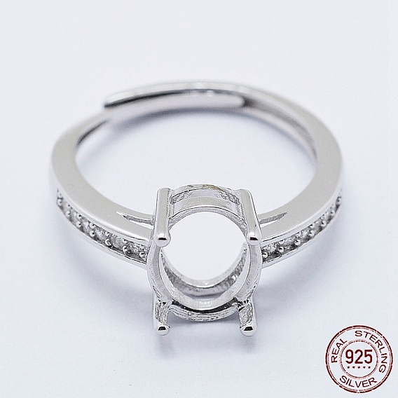 925 Sterling Silver Finger Ring Components, with Cubic Zirconia, Adjustable, Oval