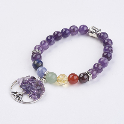 Chakra Jewelry Mixed Gemstone Beads Charm Bracelet, with Tibetan Style Beads, Flat Round with Tree of Life