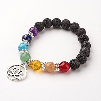 Gemstone Bead Charm Bracelets, Chakra Stretch Bracelets, with Alloy Findings, Ring with Lotus