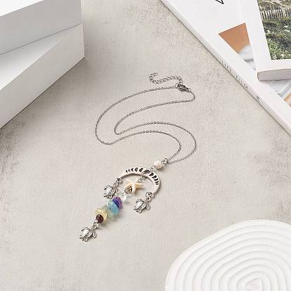 Phase de lune de pierres précieuses mélangées naturelles et synthétiques avec collier pendentif tortue étoile de mer, 304 bijoux en acier inoxydable pour femmes
