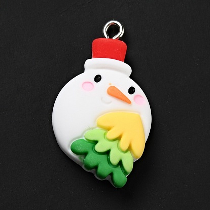 Christmas Opaque Resin Pendants, with Platinum Tone Iron Loops, Snowman with Tree Charm