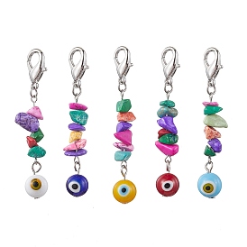 Handmade Evil Eye Lampwork Pendant Decorations, with Synthetic Turquoise Chip Beads and Zinc Alloy Lobster Claw Clasps