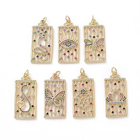 Brass Micro Pave Colorful Cubic Zirconia Pendants, Real 18K Gold Plated, with Jump Ring, Rectangle Charms