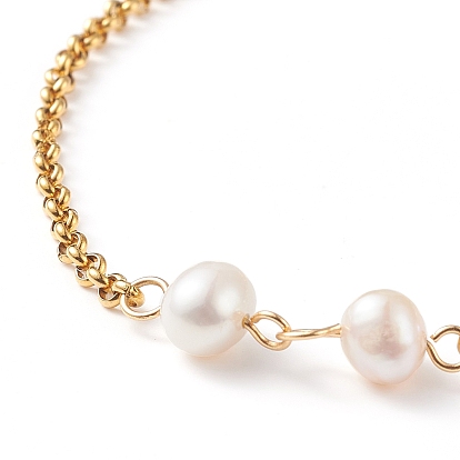 Natural Pearl Beaded Link Bracelet with 304 Stainless Steel Rolo Chains for Women