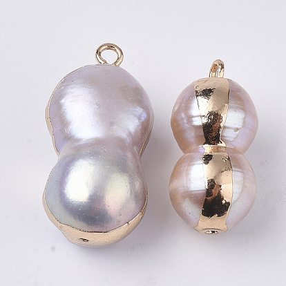 Natural Cultured Freshwater Pearl Pendants, with Half Hole and Brass Loop, Edge Plated, Calabash, Golden