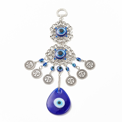 Teardrop Glass Turkish Blue Evil Eye Pendant Decoration, with Alloy Flower Design Charm, for Home Wall Hanging Amulet Ornament