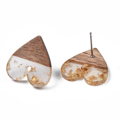 Resin & Walnut Wood Stud Earring Findings, with 304 Stainless Steel Pin and Hole, Two Tone, Heart