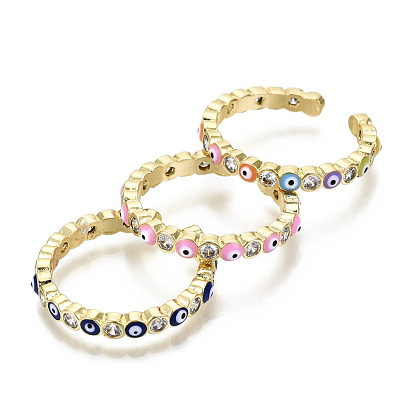 Brass Micro Pave Clear Cubic Zirconia Cuff Rings, Open Rings, with Enamel, Nickel Free, Evil Eye, Real 16K Gold Plated