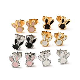 Enamel Rabbit Stud Earrings with 316 Surgical Stainless Steel Pins, 304 Stainless Steel Jewelry for Women