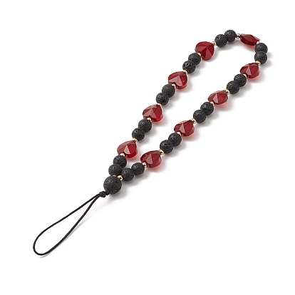 Round Natural Lava Rock & Heart Glass Beaded Mobile Straps, Nylon Braided Strap Mobile Accessories Decoration
