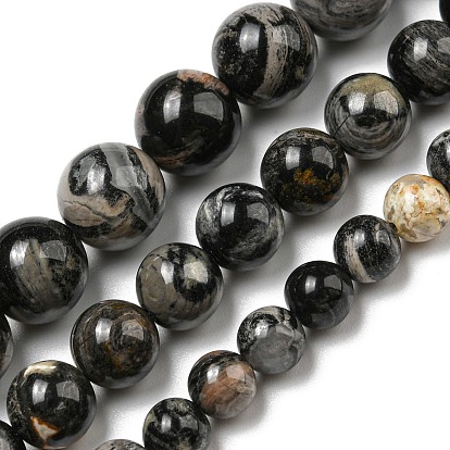 Perles de jaspe argent noir naturel, ronde
