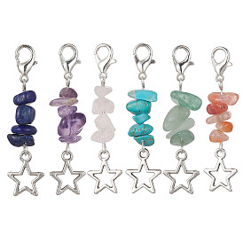 Natural & Synthetic Gemstone Chip Pendant Decoration, with Alloy Lobster Claw Clasps and Star Charm