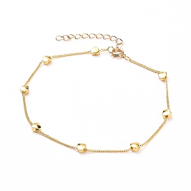 Brass Curb Chain Anklets,  with Heart Beads and Spring Ring Clasps