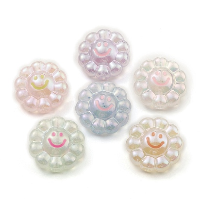 Luminous UV Plating Rainbow Iridescent Acrylic European Beads, Glow in the Dark, Large Hole Beads, Flower with Smiling Face
