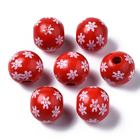 Painted Natural Wood European Beads, Large Hole Beads, Printed, Christmas, Round with Snowflake