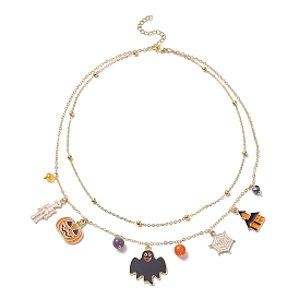 Brass Satellite Chains Double Layer Necklace, Skeleton & Pumpkin & Bat Alloy Enamel Charms Halloween Necklace for Women