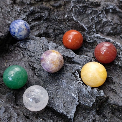 7 Boule de cristal de pierre mélangée naturelle chakra avec boîte en bois octogonale, Décorations d'affichage de pierre d'énergie reiki pour la guérison, méditation, la sorcellerie