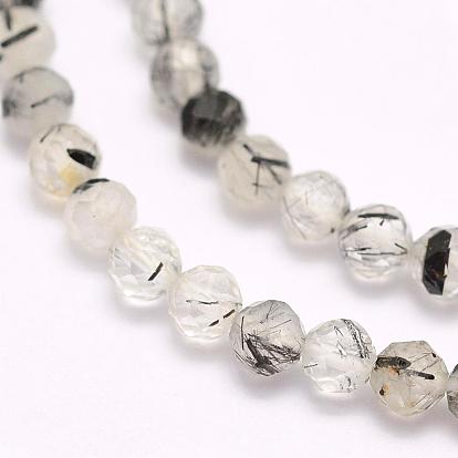 Natural Black Rutilated Quartz Beads Strands, Faceted, Round