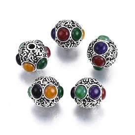 Perles en alliage de style tibétain, avec verre teinté et chauffé, sans cadmium et sans plomb, ronde