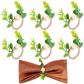 CRASPIRE 6Pcs Plastic Napkin Rings, Wrapped with Jute Twines, with Artificial Leaf & Wood Bead Decor