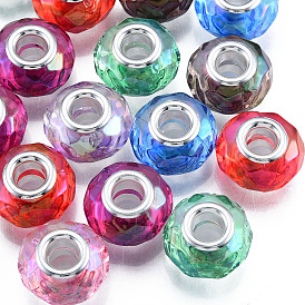 Transparent Large Hole Acrylic European Beads, with Silver Color Plated Iron Double Cores, Rondelle