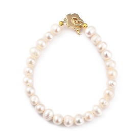 Natural Cultured Freshwater Pearl Beaded Bracelets, with Flower Brass Toggle Clasps, Golden