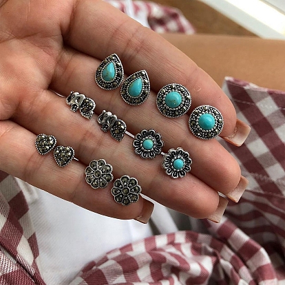 6 pares de aretes de turquesa sintética con flor, corazón y lágrima con diamantes de imitación, joyas de aleación para mujer