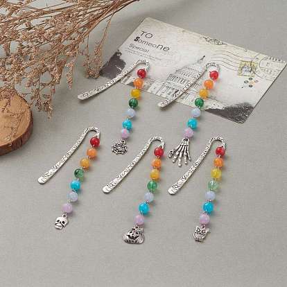 Tibetan Style Alloy Bookmarks for Halloween's Day, with Alloy Pendants and Chakras Theme Imitation Gemstone Acrylic Beads, Pumpkin & Spider & Owl & Skull Hand & Skull, Antique Silver
