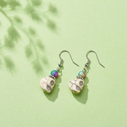 Synthetic Magnesite Skull with Acrylic Beaded Dangle Earrings, Brass Jewelry for Women