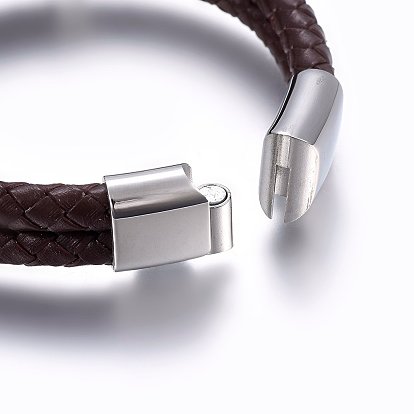 Leather Braided Cord Bracelets, 304 Stainless Steel Magnetic Clasp, Rectangle