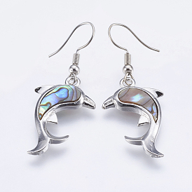 Abalone Shell/Paua Shell Dangle Earrings, with Brass Findings, Dolphin