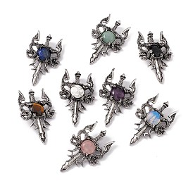 Gemstone Pendants, Sword Charms, with Rack Plating Antique Silver Tone Alloy Findings, Cadmium Free & Lead Free, Faceted