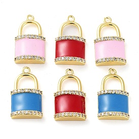 Brass Micro Pave Clear Cubic Zirconia Pendants, with Enamel, Real 18K Gold Plated, Lock Charms