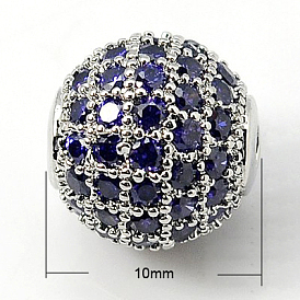 Latón perlas de circonio cúbico, rondo, añil, 10 mm, agujero: 1.5 mm