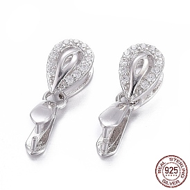 925 Sterling Silver Pendant Bails, with Cubic Zirconia, with 925 Stamp, Ice Pick Pinch Bails, Teardrop, Clear