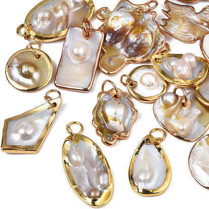 Natural White Shell Pendants, with Light Gold Plated Brass Edge, Mixed Shapes