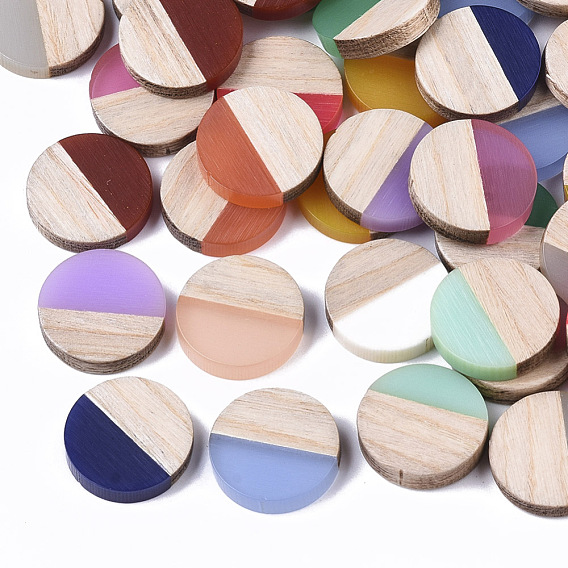 Resin & Wood Cabochons, Flat Round, Two Tone