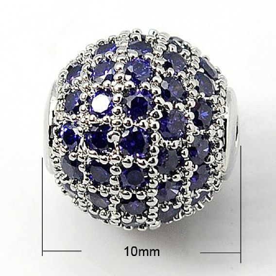 Brass Cubic Zirconia Beads, Round, Indigo, 10mm, Hole: 1.5mm