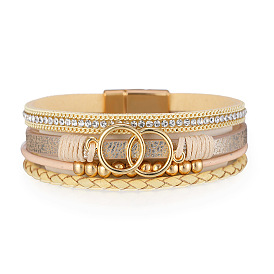 Leather Bracelet Eight-character Round Ring Design Gold Bead Hand-woven Leather Strip Jewelry.