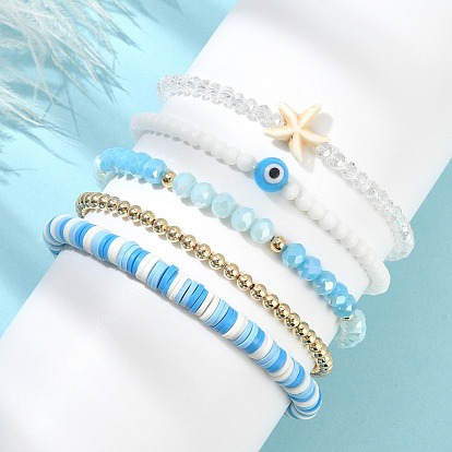 5 pcs 5 ensemble de bracelets extensibles heishi surfeur en argile polymère de style, verre et synthétique turquoise étoile de mer & mauvais œil lampes et bracelets empilables en perles de laiton