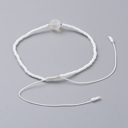 Nylon Thread Braided Bead Bracelets, with Glass Seed Beads and Bugle Beads, Synthetic Moonstone Round Bead