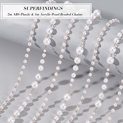 Superhallazgos 2m plástico abs y 4m cadenas de cuentas de perlas acrílicas, con fornituras de latón, sin soldar, con carrete, la luz de oro