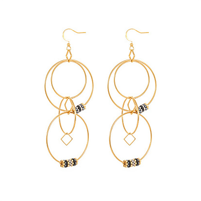 Golden 304 Stainless Steel Interlocking Rings Dangle Earrings, with Glass Seed Beaded