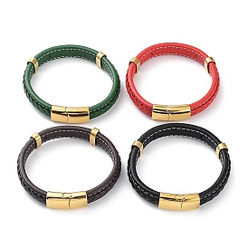 Leather Cord Bracelets, with Ion Plating(IP) Golden 304 Stainless Steel Magnetic Clasps
