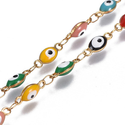 304 Stainless Steel Enamel Chains, Soldered, Oval with Evil Eye, Colorful