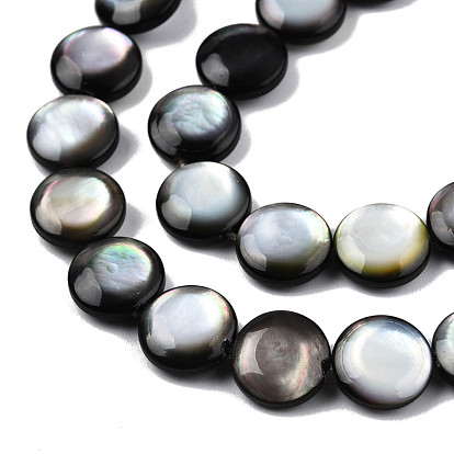 Natural Black Lip Shell Beads Strands, Flat Round