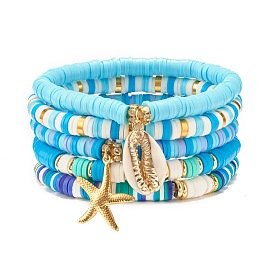 5 pcs 5 style fait à la main en argile polymère perles heishi ensemble de bracelets extensibles, bracelets preppy à breloque cauri et étoile de mer pour femme